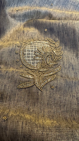 Dual Tone Grey Silver Gold Tone Tissue Linen Saree