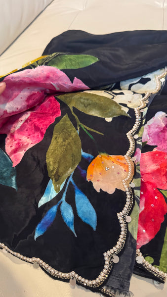 Black Multicolor Crepe digital print with pearl and Katdana borders