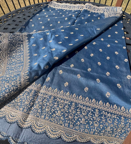 Royal Blue and Gold Tussar Silk Saree with Zari Butta's