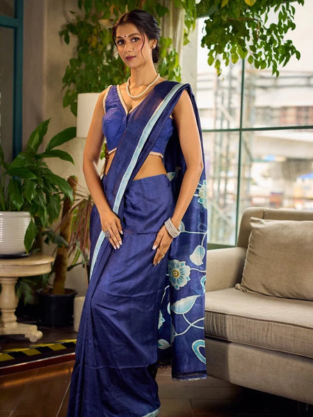 Navy Pure Silk Saree with Painted Floral Pallu & Light Blue Trim