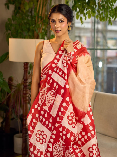 Red Pure Silk Saree with Tan Warli Art Print & Folk Motif Pallu
