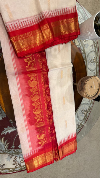 White and Red Cotton Gadwal Saree