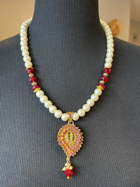 Pearl Necklace with Ruby Gold Plated Pendant Necklace with Earrings