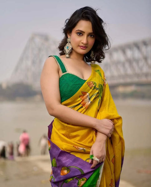 Mustard & Purple Bishnupuri Silk Saree with Handcrafted Floral Motifs