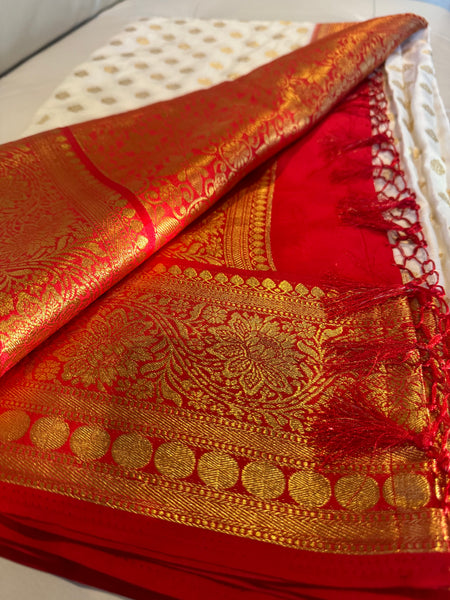 White and Red Soft Silk Saree
