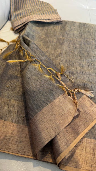 Dual Tone Grey Silver Gold Tone Tissue Linen Saree