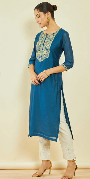 Blue Chanderi Floral Embroidered Straight Kurta with Sequin Details