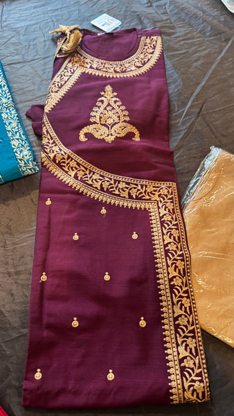 Eggplant Purple and Tan Pure Raw Silk Embroidered Bengali Punjabi