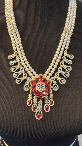 Natural Freshwater 3 Piece White Real Pearl Set with CZ 3D Flower Teardrop Design