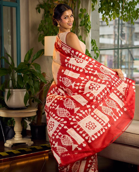 Red Pure Silk Saree with Tan Warli Art Print & Folk Motif Pallu
