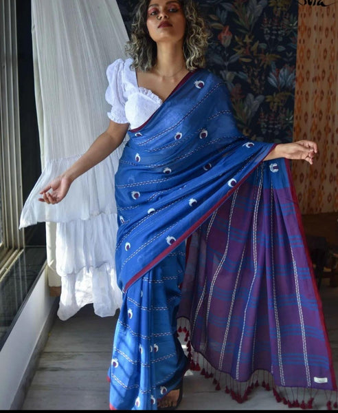 Blue Pure Cotton Saree with Weaving