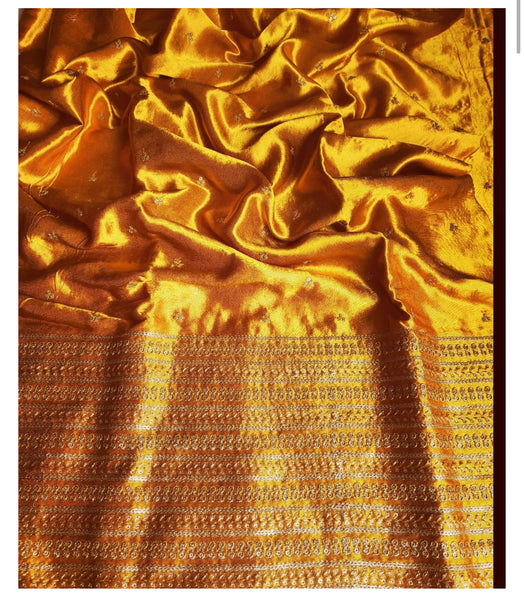 YELLOW GAJI SILK WITH GOLD EMBELLISHED SEQUINS EMBROIDERED BORDER SAREE