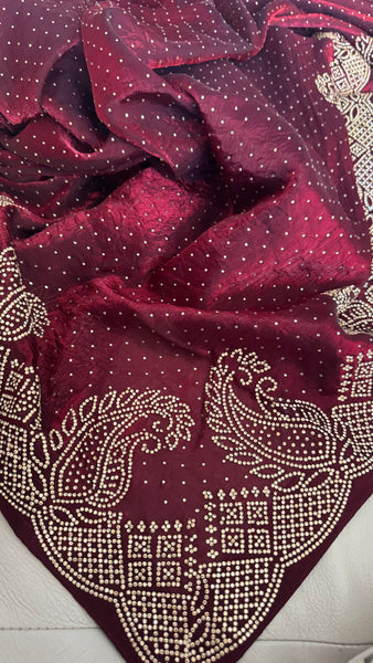 Deep Maroon Silk Crepe All-Over Stone Embellished Saree