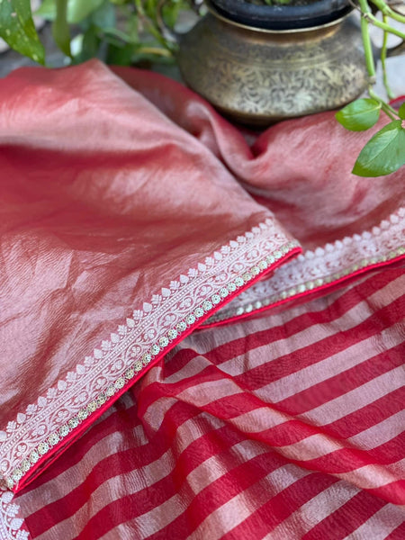 Red crushed embroidered tissue silk paired with a velvet blouse