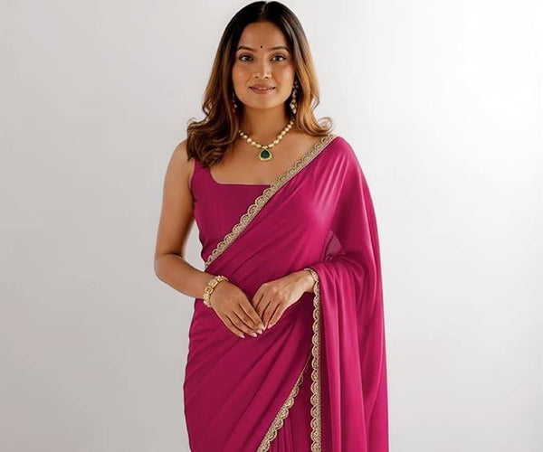 Ready To Wear One Minute Pink Georgette Scalloped Border Lace Saree