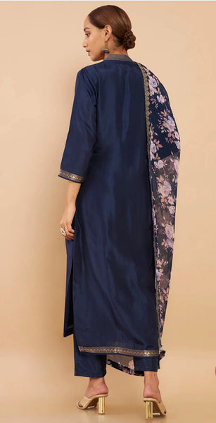 Navy Blue Chanderi Floral Woven Design Suit Set