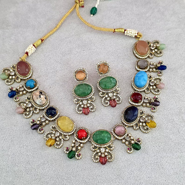 Navratan Victorian Natural Stones CZ Choker Necklace Earring Set