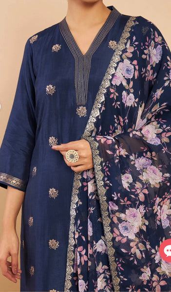 Navy Blue Chanderi Floral Woven Design Suit Set