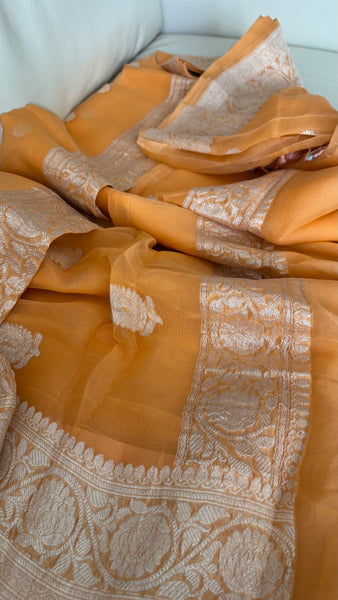 Peach Orangish and Silver Pure Handwoven Khaddi Banarasi Chiffon Georgette Saree
