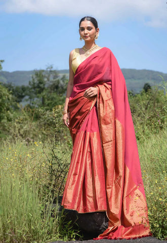 Maroon and gold half-and-half saree with Gota patti and Samosa lace