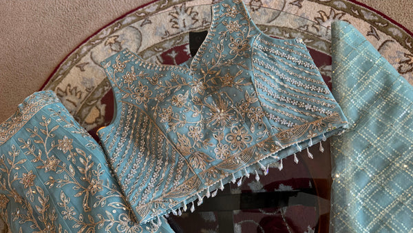 Sky Blue and Silver Embroidered Net Lehenga