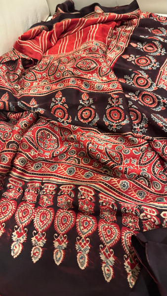 BLOCK PRINTED MAROON MODAL SILK AJRAKH SAREE