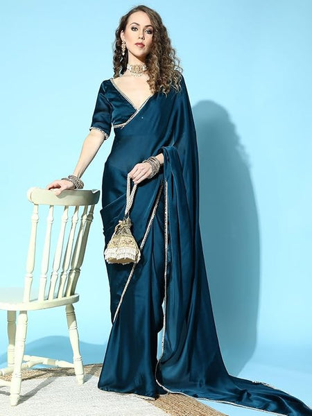 Midnight Teal Blue Satin Silk One Minute Ready to Wear Mirror Lace Saree