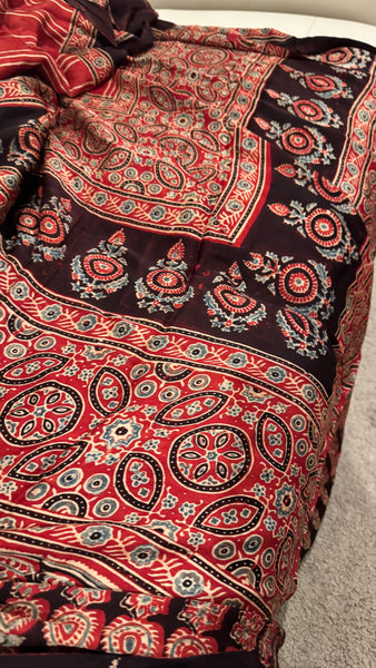 BLOCK PRINTED MAROON MODAL SILK AJRAKH SAREE