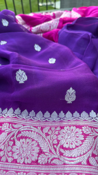 Purple and Hot Pink  Pure Handwoven Khaddi Banarasi Chiffon Georgette Saree