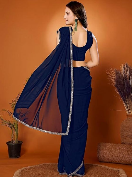 Navy Blue Georgette One Minute Ready to Wear Mirror Lace Saree