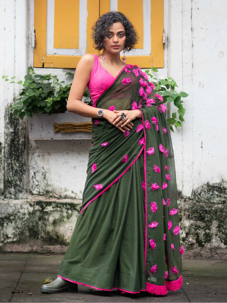 Green and Pink Mul Mul Cotton Saree with Hand Knots and Color Contrast