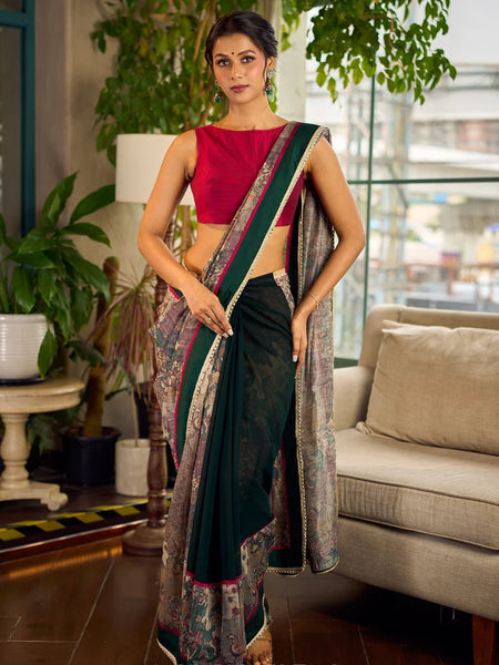 Bottle Green Georgette Saree with Artistic Kalamkari Printed Pallu & Delicate Gold Lace Border