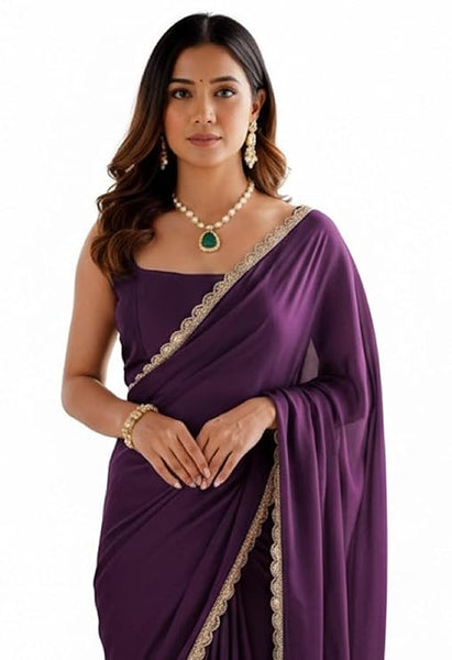 Ready To Wear One Minute Purple Georgette Scalloped Border Lace Saree