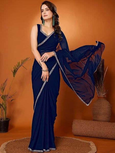 Navy Blue Georgette One Minute Ready to Wear Mirror Lace Saree