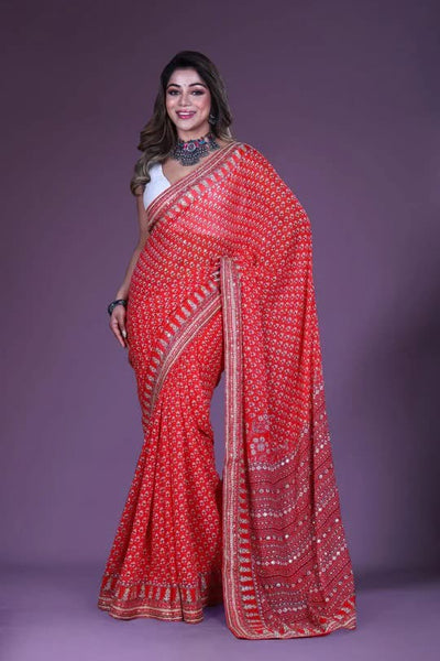 Bollywood Kareena Kapoor Red Chiffon Block Print