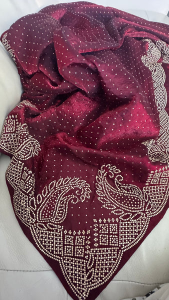 Deep Maroon Silk Crepe All-Over Stone Embellished Saree
