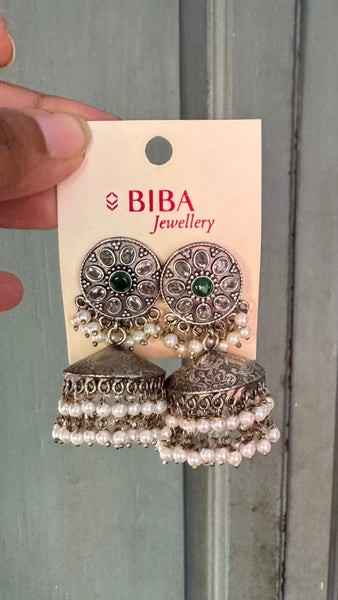 Green Brass Jhumka Earrings