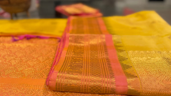 Yellow and Coral Pink Pure Silk Handloom Gadwal Saree