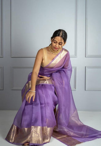 Mauve/Purple and Gold Banarasi Organza Silk Saree