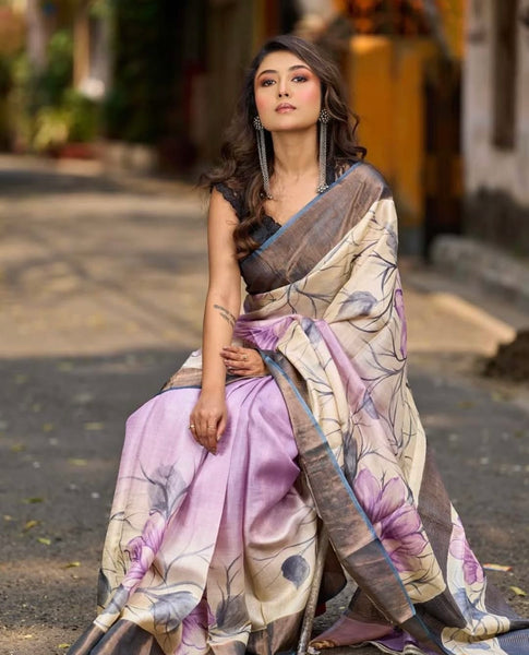 Dusty Lavender Tussar Silk Saree with Elegant Floral Print & Zari Border