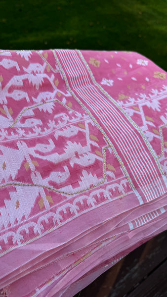 Pink Jamdani Saree: Soft Cotton Muslin, Handloom Woven with Cutdana work