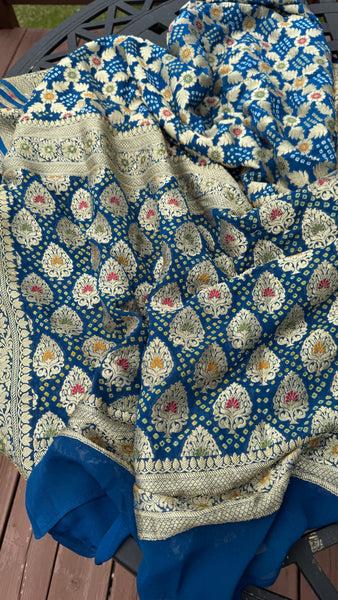 Blue and Gold Khaddi Banarasi Chiffon Georgette Saree