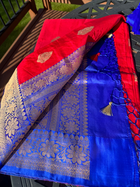 Tomato Red Soft Banarasi Pattu Katan Silk Saree with Zari weaves with Deep Navy Blue Border