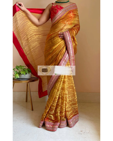 Gold Zari Tissue Saree with Red Border
