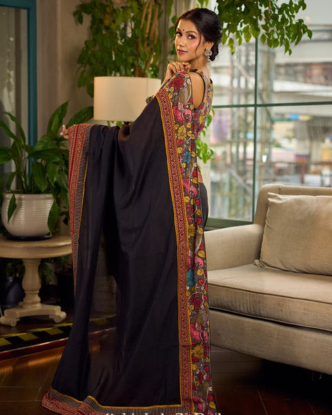 Black Cotton Saree with Ajrakh Print & Kalamkari Painted Border