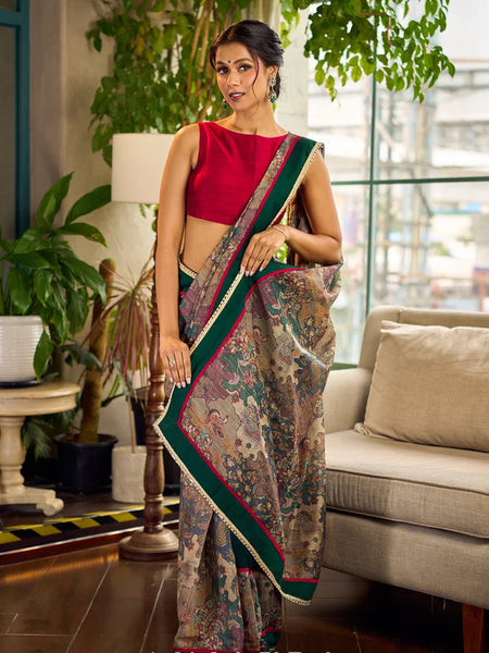 Bottle Green Georgette Saree with Artistic Kalamkari Printed Pallu & Delicate Gold Lace Border