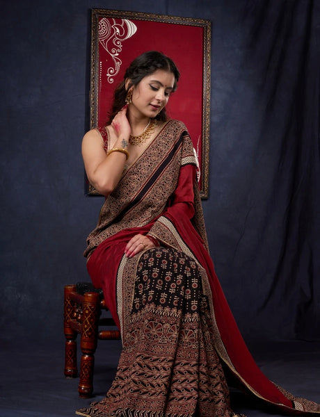 COMBINATION OF BLOCK PRINTED COTTON AJRAKH PLEATS & PURE TASSAR SILK SAREE WITH AJRAKH BORDER