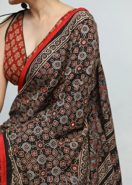 BLACK AJRAKH COTTON SAREE WITH RED BORDER