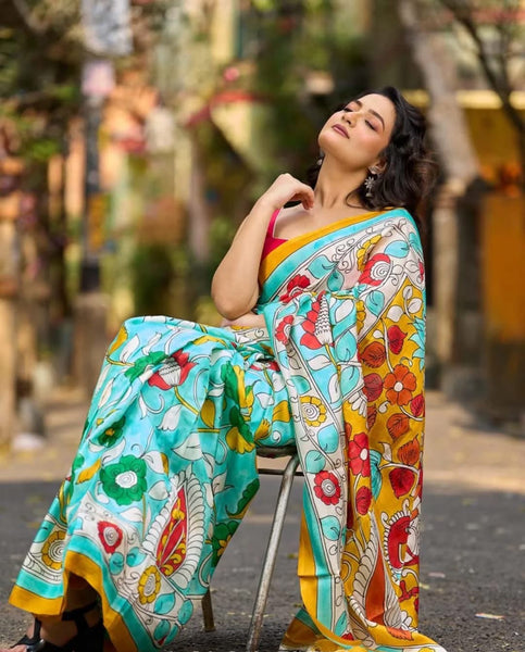 Aqua Blue Tussar Silk Saree with Statement Kalamkari Print