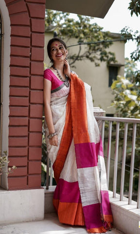 Pure Cotton Cream, Pink, and Orange Jute Saree